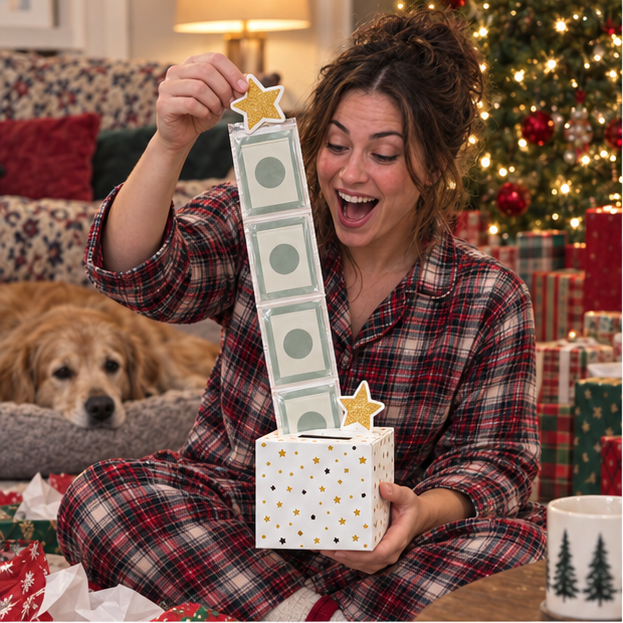 Adult recipient pulling clear gift sleeves from the white PullPresent box in a Christmas living room
