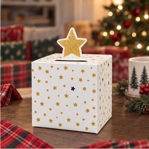 White PullPresent cube gift box with gold confetti print and gold star topper