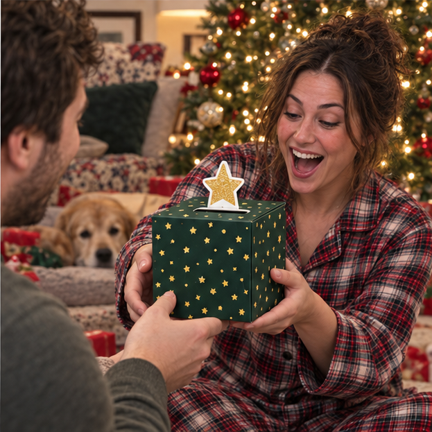 Deep green PullPresent gift box with gold confetti print and gold star topper
